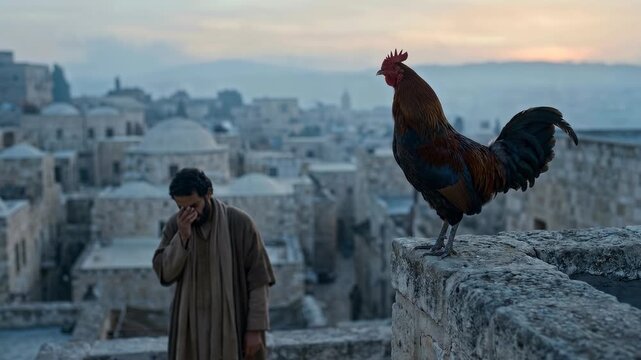 Saint Peter Mourns After Denying Jesus Christ as Rooster Crows in Jerusalem Symbolizing Repentance Guilt Forgiveness Faith Prophecy Sorrow Redemption and Christian Holy Week Devotion Before Crucifixio