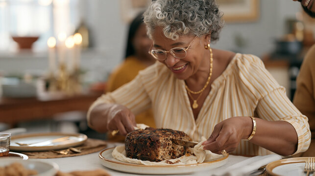 An elderly Caribbean-British woman unwrapping a rum-soaked dark fruitcake that has been maturing in brandy-soaked muslin cloth for months, presenting it proudly to her extended