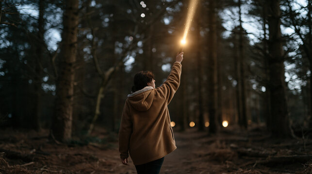 A twentysomething Scottish woman in a warm fleece jacket walks through a dark forest holding a wide beam flashlight aloft on national flashlight day December 21, winter solstice