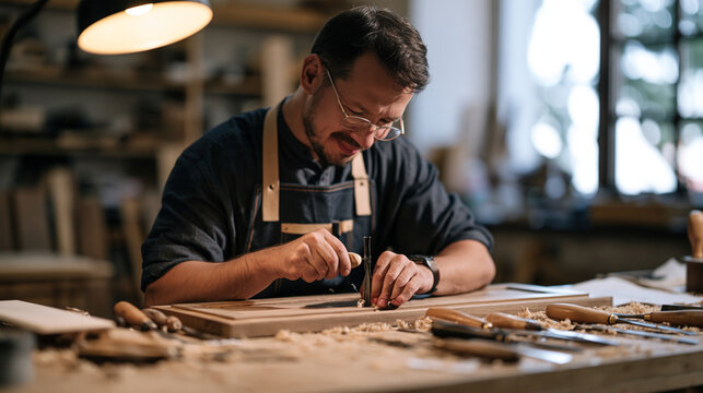 Belarusian cabinetmaker in sawdust-covered workshop carefully rejoining split dovetail joint on antique dresser drawer, hand tools spread across workbench, warm overhead lamp