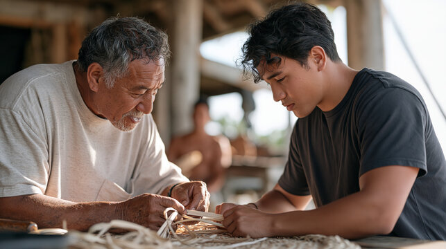 Samoan elder teaching teenager to repair woven pandanus mat using spare leaf strips, intergenerational craft knowledge, Pacific Islander cultural heritage, outdoor open-air