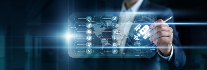 Aerospace engineer tracking orbital trajectories on a virtual screen. Analyzing telemetry from satellites and space technology hardware to ensure mission safety and deep space communication links. © CyberFrame