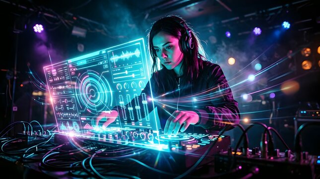 Female DJ Performing with Holographic Interface at Neon Lit Nightclub Stage, Electronic Music Event Visuals
