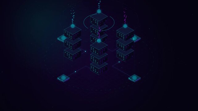 Data server stacks animation with blue neon digital streams in a 3D isometric futuristic technology