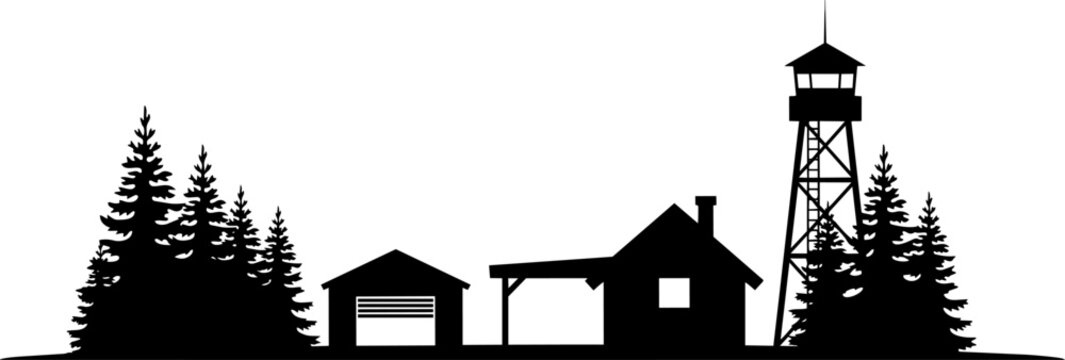 Forest lookout tower and ranger station silhouette with pine trees, cabin and storage shed in rural landscape