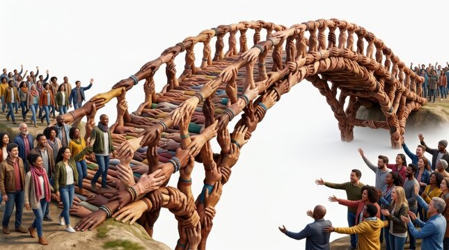 People joining hands to form a bridge for unity