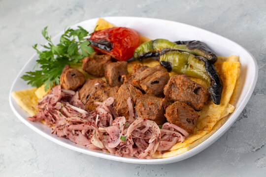 Traditional delicious Turkish foods; Lamb skewers (Turkish name; cop sis)