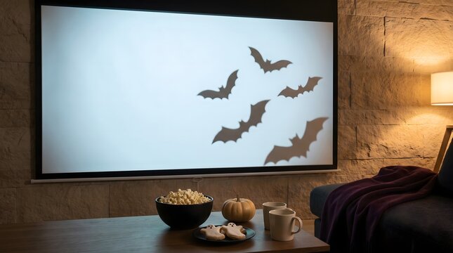 Movie night at home with a projection of flying bats on a white screen and halloween snacks on the table halloween projection entertainment lighting relaxing