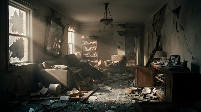 Interior of Room After Earthquake, Damaged Furniture and Disorganized Home Interior Following Seismic Activity, Natural Disaster Aftermath, Property Damage and Emergency Response