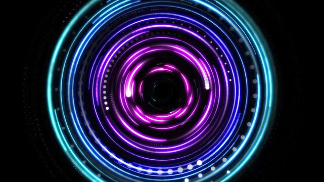 Vibrant neon circular light pattern with glowing rings