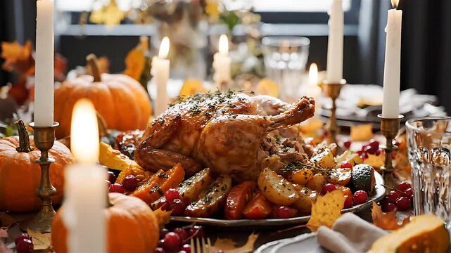 Roasted Turkey Centerpiece with Autumnal Decorations and Candles, Slowly Rotating on a Festive Table Setting. and Feast