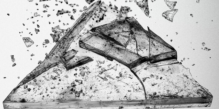 Shattered glass shards in monochrome, broken glass fragments exploding on white background, sharp splintered glass debris illustration