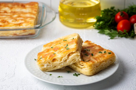 Delicious Turkish food; Tray pastry; (Turkish name; Su boregi)