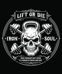 Fototapeta premium Lift Or Die Iron Soul Vintage Fitness Skull T-Shirt Design Bodybuilding Vector Emblem