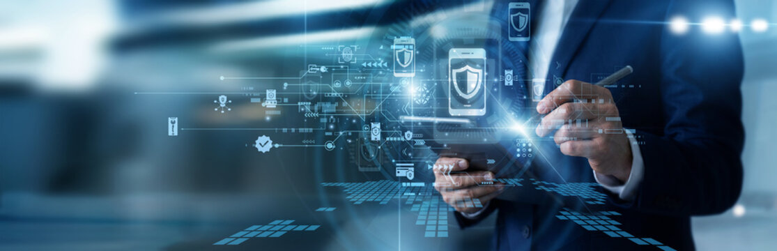 Security specialist working on tablet implementing strict Mobile Security protocols, preventing wireless data breaches, encrypting cellular data channels, and auditing device permissions.