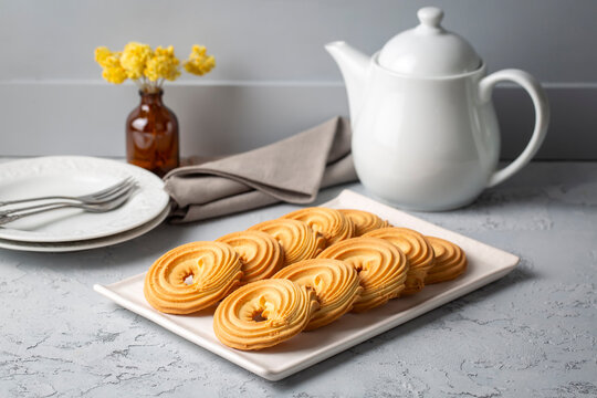 Sweet and tasty round butter cookies. Round ring shaped German spritz biscuits