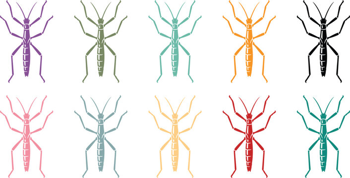 Colorful Stick Insect Silhouettes Vibrant Insect Collection, Vibrant Stick Insect Silhouette Set Colorful Bug Designs