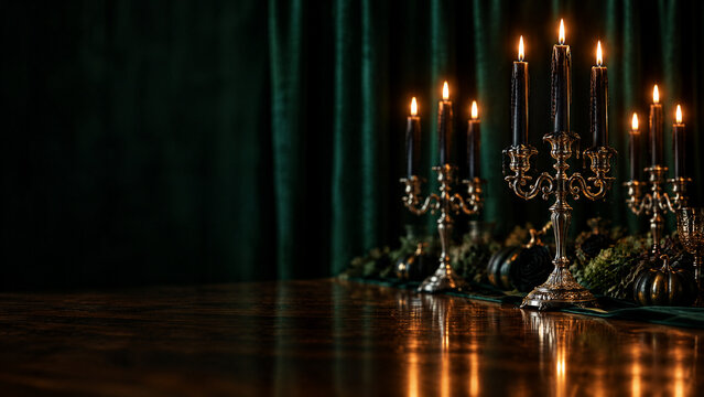 Gothic candlelight background with vintage candelabras, dark green velvet curtain and burning black candles on wooden table