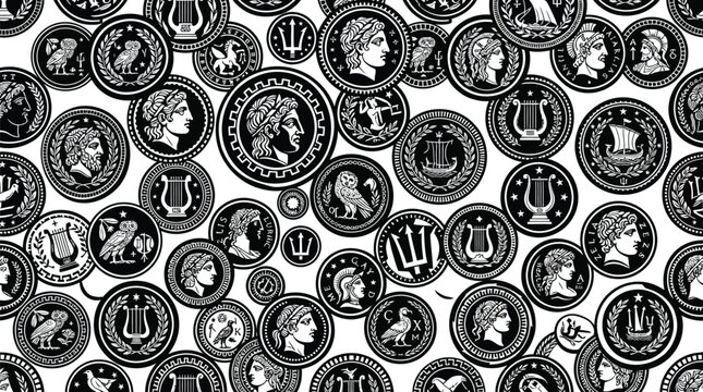 Seamless pattern of ancient Greek coins featuring historical profiles and symbols on white background