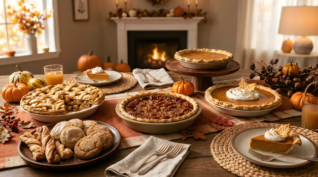 Cozy autumn harvest feast with baked goods and fireplace
