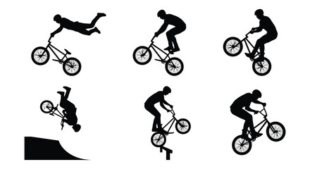 Fototapeta premium Bicycle motocross silhouettes depict various freestyle stunts on a white background