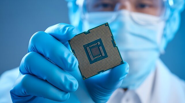 Macro photograph of a technician in a lab coat and gloves holding a computer processor chip, highlighting advanced technology and innovation