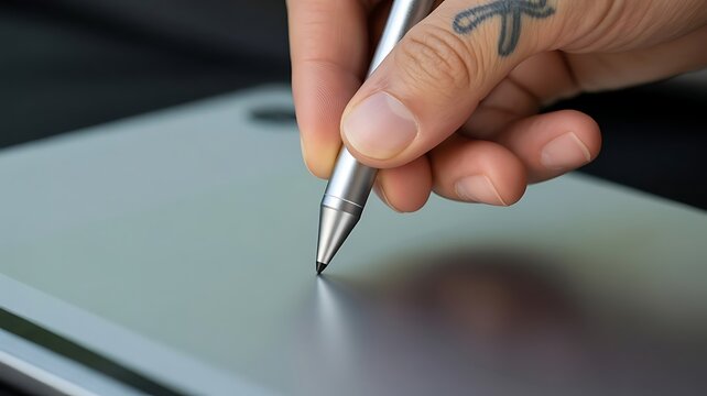 Close up macro photograph of a tattooed hand using a silver digital stylus on a gray tablet screen for creative illustration and artwork