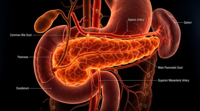 Human pancreas anatomy diagram with glowing internal organs, detailed medical illustration of digestive system, labeled anatomical chart for healthcare education