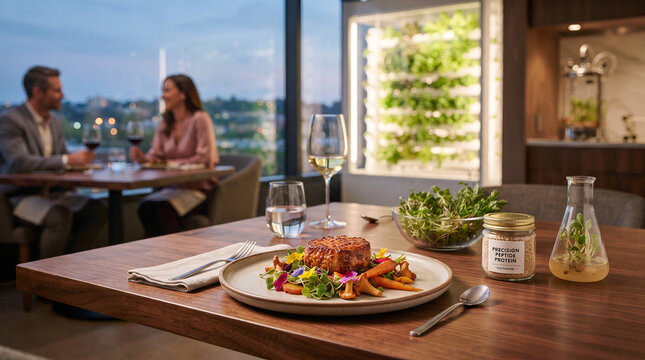 Cultivated protein steak served with lab equipment in modern restaurant.