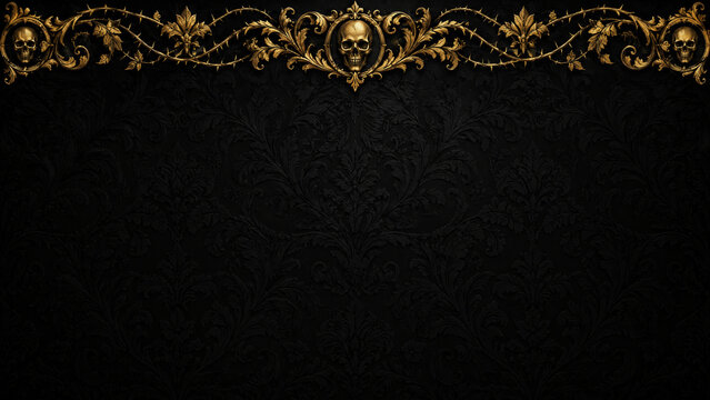 Gothic ornate skull border on dark damask background, vintage ornate gold filigree frame banner, dark halloween floral border backdrop
