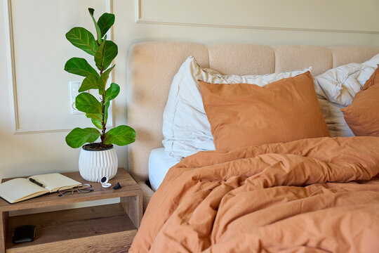 Bed with bedding beside nightstand holding notebook, glasses, earplugs and plant
