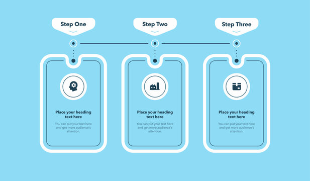 Three-step horizontal process infographic template with icons and text labels, designed to present workflows, business processes, project stages, or step-by-step procedures in a clear modern layout.  