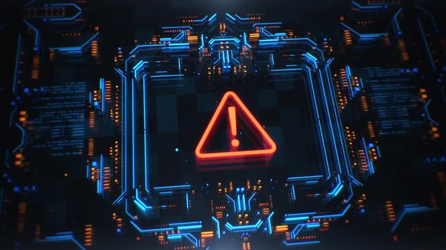 Warning icon on a digital LCD display with reflection. Concept of cyber attack, malware, data breach, system hacking, virus, spyware, compromised information and urgent attention.