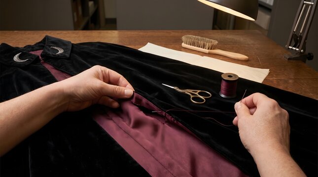 A tailor working on a dark velvet garment with purple lining at a wooden workbench using sewing tools and thread clothing workbench scissors workshop material
