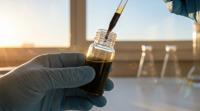 Crude oil sampling laboratory analysis pipette gloved hand ensuring precise oil testing in sunlight for research and quality control measures