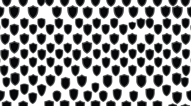 Repeating pattern of black heraldic shield icons isolated on a white background