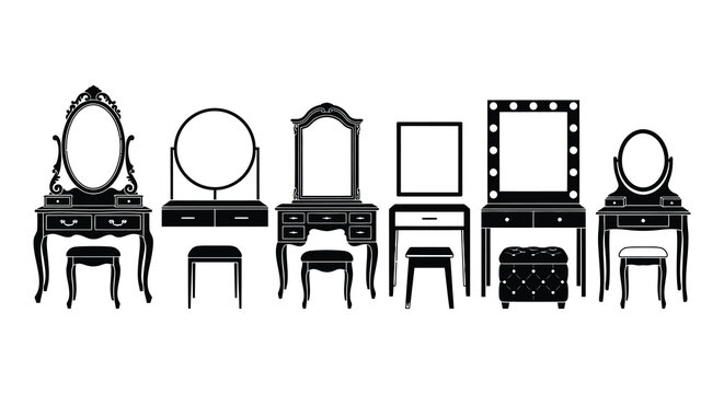 Black silhouette collection of various dressing tables and vanity setups