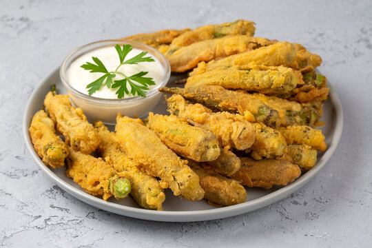 Fried Okra Tempura with Yogurt - Yoghurt Sauce. Healthy Snacks.