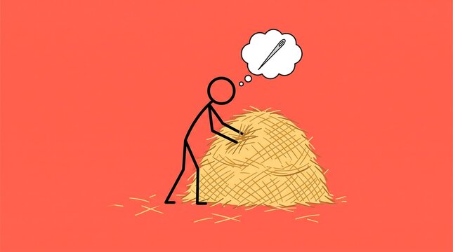 Needle in a haystack concept illustration, stick figure searching through straw pile, metaphor for difficult task or data mining