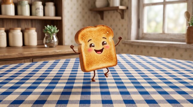 Happy cartoon toast character dancing on a checkered tablecloth