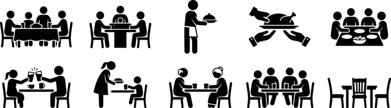 Set of black and white restaurant and dining icons representing service and people eating at tables