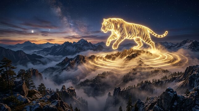Glowing golden tiger standing on mountain peak at twilight