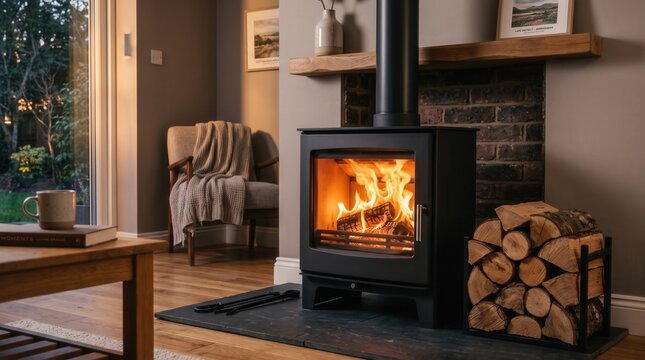 Cozy living room with wood stove and warm firelight ambiance