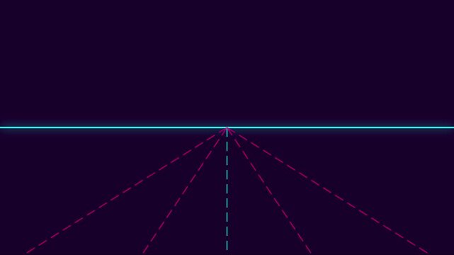 Retro synthwave horizon animation 4k background, with glowing neon, lines and perspective, grid motion