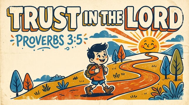 Retro Christian poster with bold typography saying &lsquo;TRUST IN THE LORD&rsquo;, Proverbs 3:5, cute vintage cartoon character following a winding path toward a bright sun, oversized block letters, playful hand