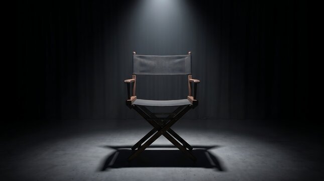 Director chair in spotlight on dark stage, empty movie producer seat in cinematic studio, professional film industry equipment for theater and media