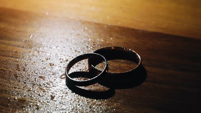 Two wedding rings are illuminated by dynamic light. The shadows from the rings fall on the table.