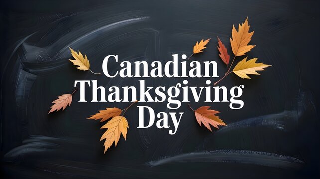 Canadian thanksgiving day text on a dark chalkboard background with autumn maple leaves, festive holiday greeting card