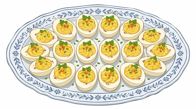 A platter filled with eighteen delicious deviled eggs, garnished with herbs and spices.