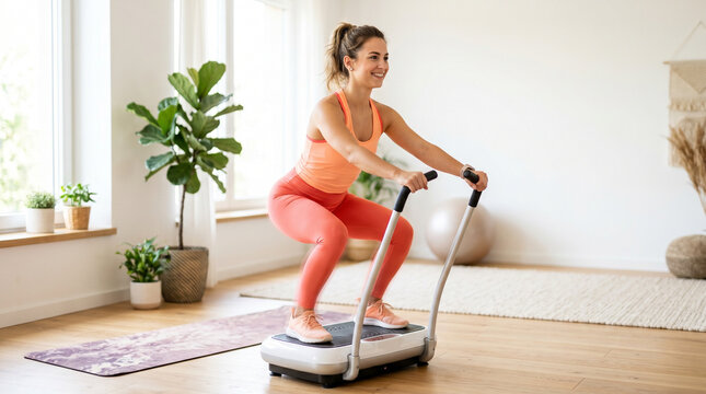 Young woman exercising on a vibration plate in a bright room  